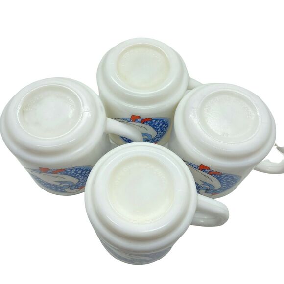 Goose Print Coffee Mug Vintage Arcopal France White Blue Ribbon Set Of Four - Picture 6 of 16
